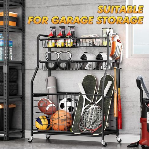 APEXCHASER Heavy Duty Sports Equipment Organizer, Garage Ball Storage Rack with Baskets & Hooks, Ball Organizer for Garage, Rolling Storage Cart for Basketball, Soccer Balls, Toys & Outdoor Gear in Kuwait