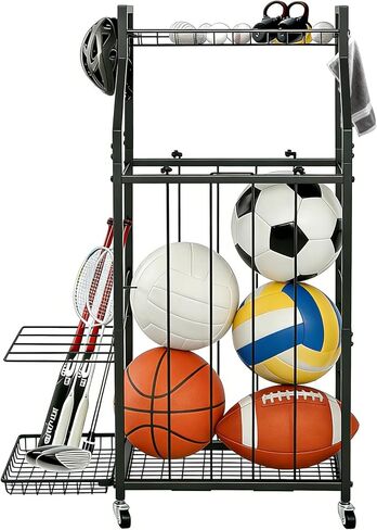 رف تخزين كرات هانمير للمرآب، منظم الكرات الرياضية المتدحرجة مع عجلات وسلال وخطافات، تخزين المعدات الرياضية لكرة السلة وكرة القدم، منظم المرآب (أسود) in Kuwait