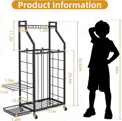 رف تخزين كرات هانمير للمرآب، منظم الكرات الرياضية المتدحرجة مع عجلات وسلال وخطافات، تخزين المعدات الرياضية لكرة السلة وكرة القدم، منظم المرآب (أسود) in Kuwait