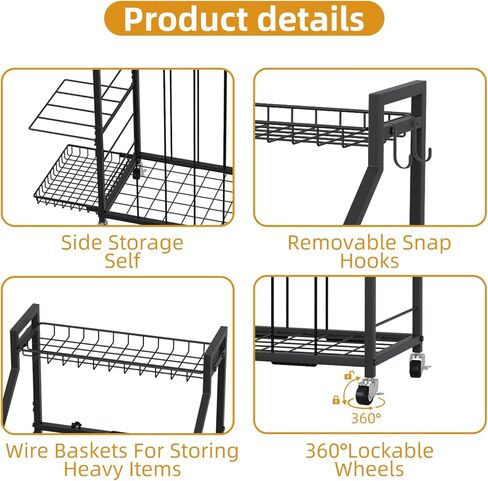 رف تخزين كرات هانمير للمرآب، منظم الكرات الرياضية المتدحرجة مع عجلات وسلال وخطافات، تخزين المعدات الرياضية لكرة السلة وكرة القدم، منظم المرآب (أسود) in Kuwait