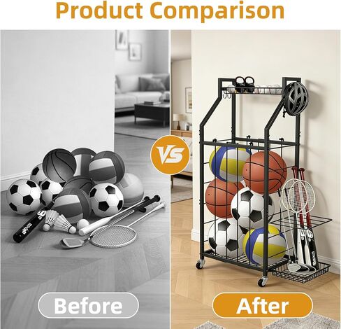 رف تخزين كرات هانمير للمرآب، منظم الكرات الرياضية المتدحرجة مع عجلات وسلال وخطافات، تخزين المعدات الرياضية لكرة السلة وكرة القدم، منظم المرآب (أسود) in Kuwait