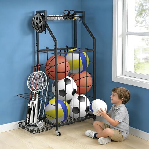 رف تخزين كرات هانمير للمرآب، منظم الكرات الرياضية المتدحرجة مع عجلات وسلال وخطافات، تخزين المعدات الرياضية لكرة السلة وكرة القدم، منظم المرآب (أسود) in Kuwait