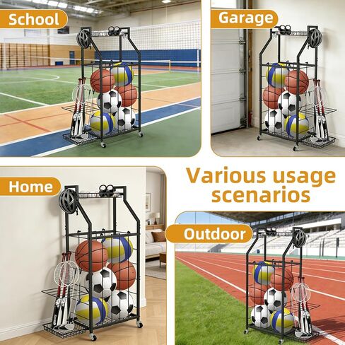 رف تخزين كرات هانمير للمرآب، منظم الكرات الرياضية المتدحرجة مع عجلات وسلال وخطافات، تخزين المعدات الرياضية لكرة السلة وكرة القدم، منظم المرآب (أسود) in Kuwait