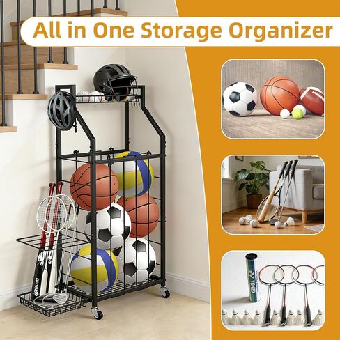 رف تخزين كرات هانمير للمرآب، منظم الكرات الرياضية المتدحرجة مع عجلات وسلال وخطافات، تخزين المعدات الرياضية لكرة السلة وكرة القدم، منظم المرآب (أسود) in Kuwait