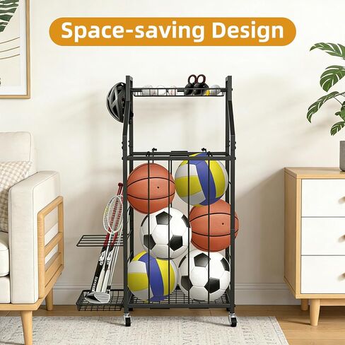 رف تخزين كرات هانمير للمرآب، منظم الكرات الرياضية المتدحرجة مع عجلات وسلال وخطافات، تخزين المعدات الرياضية لكرة السلة وكرة القدم، منظم المرآب (أسود) in Kuwait