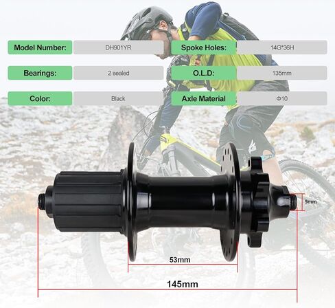 DH901YR 8/9/10-Speed Bicycle Rear Wheel Hub,6-Bolt Disc Brake,2 Sealed Bearings,M10*135mm OLD,14G*36H,HG Cassette Freehub,Quick-Release,Lightweight Aluminum,Black for MTB/Commuter/Touring Bikes in Kuwait