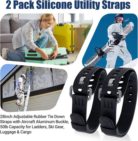 PSLER 2 Pack Heavy-Duty Silicone Utility Straps - 28inch Adjustable Rubber Tie Down Straps with Aircraft Aluminum Buckle, 50lb Capacity for Ladders, Ski Gear, Luggage & Cargo, Black in Kuwait