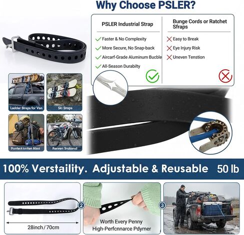 PSLER 2 Pack Heavy-Duty Silicone Utility Straps - 28inch Adjustable Rubber Tie Down Straps with Aircraft Aluminum Buckle, 50lb Capacity for Ladders, Ski Gear, Luggage & Cargo, Black in Kuwait