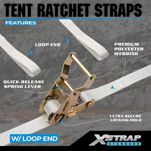 XSTRAP Standard 4PK 1" Ratchet Tent Straps with Loop End - Heavy Duty 2500lbs Breaking Strength, Secure Tents & Canopies for Camping/Events, 12ft Tie Down Straps, Durable Polyester Webbing in Kuwait