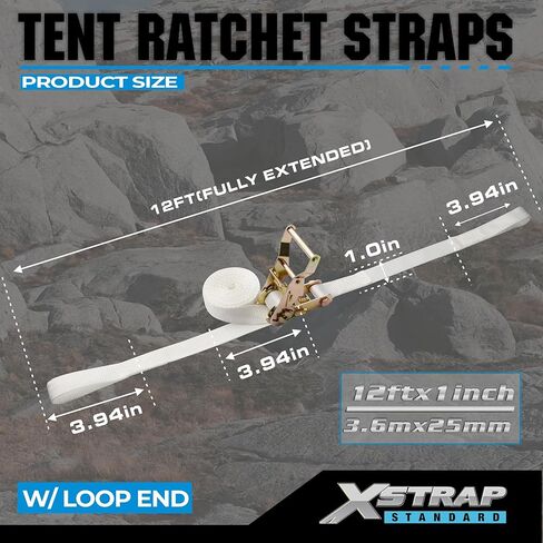 XSTRAP Standard 4PK 1" Ratchet Tent Straps with Loop End - Heavy Duty 2500lbs Breaking Strength, Secure Tents & Canopies for Camping/Events, 12ft Tie Down Straps, Durable Polyester Webbing in Kuwait