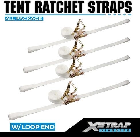 XSTRAP Standard 4PK 1" Ratchet Tent Straps with Loop End - Heavy Duty 2500lbs Breaking Strength, Secure Tents & Canopies for Camping/Events, 12ft Tie Down Straps, Durable Polyester Webbing in Kuwait