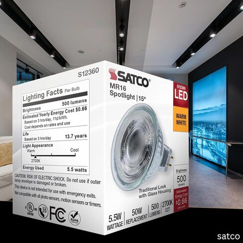 Satco LED MR16 Spotlight 5.5W 50W Equivalent 2700K Warm White 90+ CRI 15 Beam GU5.3 Bi-Pin Base 12V Dimmable Clear Finish Part S12360 (6 Pack) in Saudi Arabia