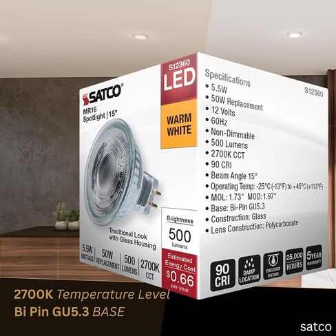 Satco LED MR16 Spotlight 5.5W 50W Equivalent 2700K Warm White 90+ CRI 15 Beam GU5.3 Bi-Pin Base 12V Dimmable Clear Finish Part S12360 (6 Pack) in Saudi Arabia