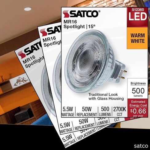 Satco LED MR16 Spotlight 5.5W 50W Equivalent 2700K Warm White 90+ CRI 15 Beam GU5.3 Bi-Pin Base 12V Dimmable Clear Finish Part S12360 (6 Pack) in Saudi Arabia