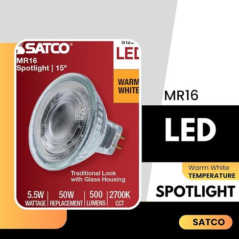 Satco LED MR16 Spotlight 5.5W 50W Equivalent 2700K Warm White 90+ CRI 15 Beam GU5.3 Bi-Pin Base 12V Dimmable Clear Finish Part S12360 (6 Pack) in Saudi Arabia