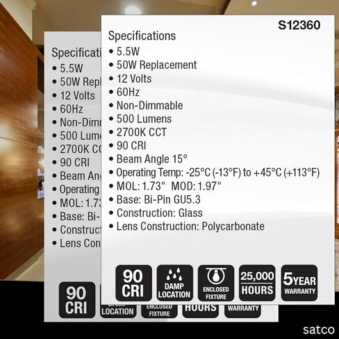 Satco LED MR16 Spotlight 5.5W 50W Equivalent 2700K Warm White 90+ CRI 15 Beam GU5.3 Bi-Pin Base 12V Dimmable Clear Finish Part S12360 (6 Pack) in Saudi Arabia