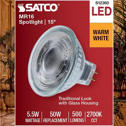 Satco LED MR16 Spotlight 5.5W 50W Equivalent 2700K Warm White 90+ CRI 15 Beam GU5.3 Bi-Pin Base 12V Dimmable Clear Finish Part S12360 (6 Pack) in Saudi Arabia