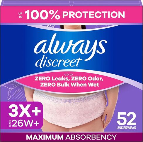 Always Discreet Reimagined Adult Diapers for Women, Maximum Absorbency Incontinence and Postpartum Underwear Size 3X+, Up to 100% Leak Free Bladder Leak Protection, 52 Count​ in Kuwait