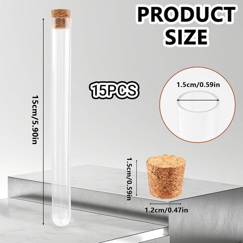15Pcs Clear Plastic Test Tubes with Cork Stoppers, Good Seal 15ml Clear Storage Tubes for Jewelry Beads Seed Spice Powder Liquid, 15x150mm for Lab Use and Home Decoration in Saudi Arabia