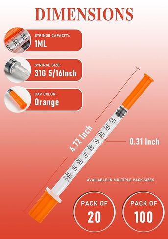 U-100 1ml Syringes 1cc 31G 5/16 Inch 8mm - Disposable Individually Sealed, Box of 100 in Saudi Arabia