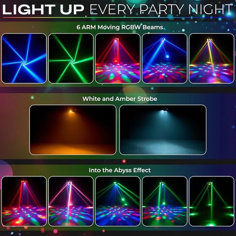 ضوء DJ برأس عنكبوت متحرك بقوة 120 وات و6 أذرع RGBW - شعاع الكل في واحد وهجين مع حلقة هالة LED، ليزر السماء المرصعة بالنجوم وستروب، صوت DMX512 منشط لمنسقي الأغاني المحمول وحفلات الزفاف والنوادي in Kuwait
