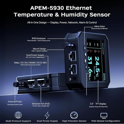 مراقب درجة حرارة غرفة خادم إيثرنت، مستشعر رطوبة درجة حرارة حامل خادم PoE مع واجهة ويب، دعم SNMP Modbus MQTT، طاقة مزدوجة، IP55، تسجيل البيانات، إنذار وإخراج التتابع in Kuwait