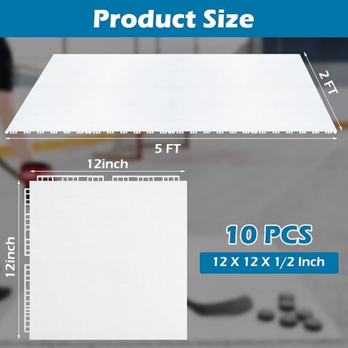 10 Pack Synthetic Ice Tiles - 12×12 Inch Dryland Hockey Floor Mat - White Interlocking Hockey Training Equipment Board for Stickhandling, Shooting, Passing(10 sqft) in Kuwait