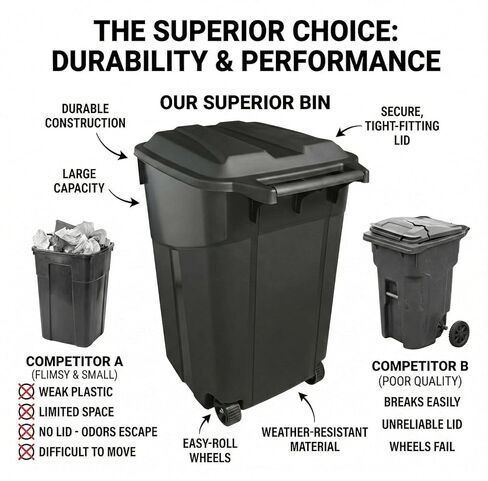 Outdoor Trash Can with Lid & Wheels, 45 Gallon Large Garbage Can for Garage & Patio, Heavy Duty Lockable Lid, Rugged Wheels & Easy Grip Handle (45 Gallon) in Saudi Arabia