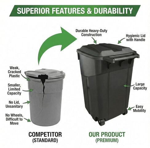Outdoor Trash Can with Lid & Wheels, 45 Gallon Large Garbage Can for Garage & Patio, Heavy Duty Lockable Lid, Rugged Wheels & Easy Grip Handle (45 Gallon) in Saudi Arabia