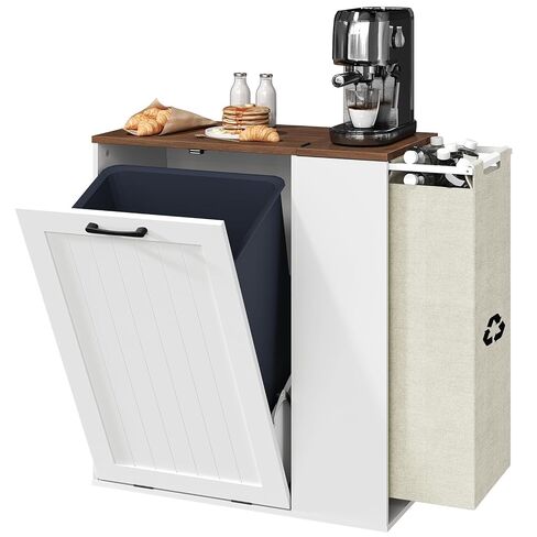 Tilt Out Trash Can Cabinet, 10 Gallon Hidden Garbage Can Cabinet with Bottle Recycling Compartment, Wooden Recycling Cabinet Trash Can, for Kitchen, Living Room, White and Walnut WB06WH in Kuwait