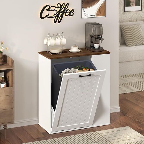 Tilt Out Trash Can Cabinet, 10 Gallon Hidden Garbage Can Cabinet with Bottle Recycling Compartment, Wooden Recycling Cabinet Trash Can, for Kitchen, Living Room, White and Walnut WB06WH in Kuwait