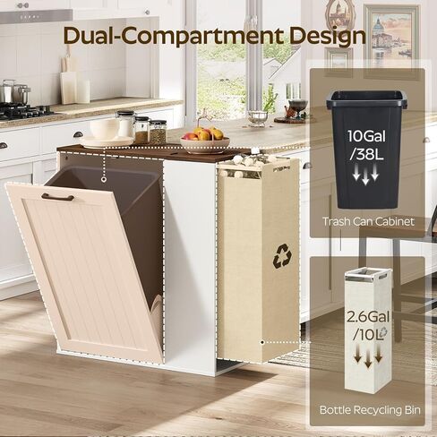 Tilt Out Trash Can Cabinet, 10 Gallon Hidden Garbage Can Cabinet with Bottle Recycling Compartment, Wooden Recycling Cabinet Trash Can, for Kitchen, Living Room, White and Walnut WB06WH in Kuwait