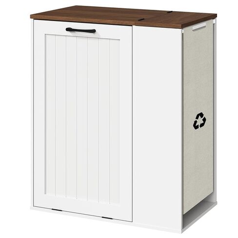 Tilt Out Trash Can Cabinet, 10 Gallon Hidden Garbage Can Cabinet with Bottle Recycling Compartment, Wooden Recycling Cabinet Trash Can, for Kitchen, Living Room, White and Walnut WB06WH in Kuwait