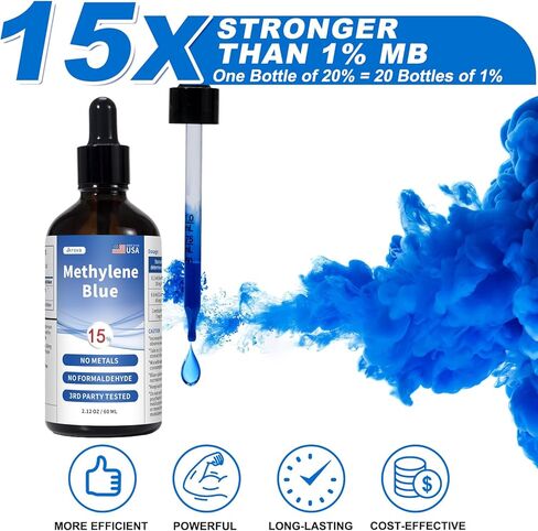 أزرق الميثيلين من الدرجة الصيدلانية، 15% قطرات، نقاء 99.9%، تركيز أعلى من أزرق الميثيلين 5%، 3%، للبشر، تم اختباره بواسطة طرف ثالث، خالٍ من الفورمالديهايد، 60 مل in Kuwait