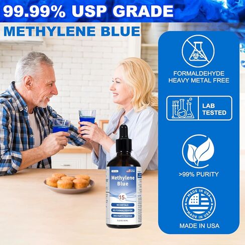 أزرق الميثيلين من الدرجة الصيدلانية، 15% قطرات، نقاء 99.9%، تركيز أعلى من أزرق الميثيلين 5%، 3%، للبشر، تم اختباره بواسطة طرف ثالث، خالٍ من الفورمالديهايد، 60 مل in Kuwait