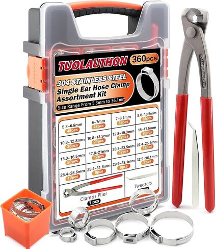 360PCS 304 Stainless Steel Single Ear Hose Clamp Assortment Kit Stepless 16 Sizes (5.3 to 36.1mm) with Pliers & Tweezers For Fuel Pipe, Automotive and Home Appliances in Kuwait