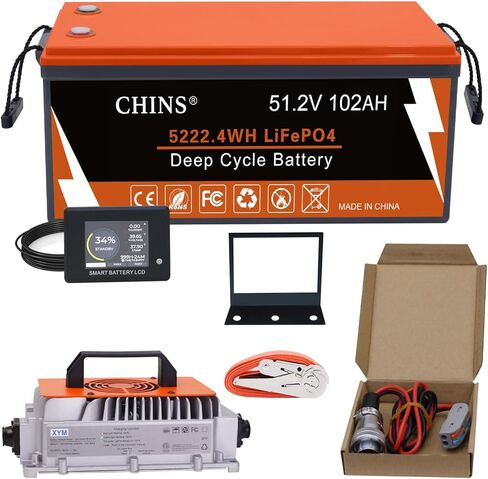 CHINS 36V Lithium Golf Cart Battery, 36 Volt 100Ah LiFePO4 Battery, Built-in Bluetooth 200A BMS, Includes 36V 25A Charger, Monitor, Perfect for Golf Carts in Kuwait