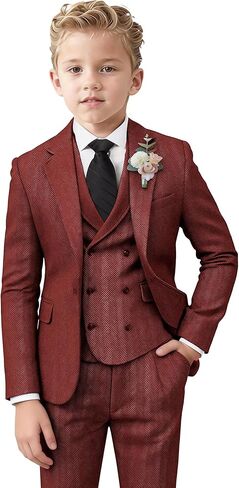 ProPoFol Boys Tweed Herringbone Suits Slim Fit Suits for Boys Tuxedo Jacket Vest Pants Set Formal Wedding Homecoming in Saudi Arabia