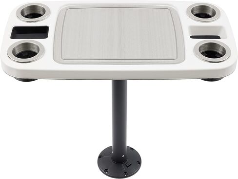 مجموعة طاولات قارب ITC من المصنعين - طاولة قارب عائمة قابلة للإزالة مقاس 18 × 34 بوصة مع حصيرة مركزية غير قابلة للانزلاق، وقاعدة ساق، و4 حوامل مشروبات، و2 حامل هاتف (أبيض لامع، وساق فضية، وبساط رمادي تيتانيوم) in Kuwait