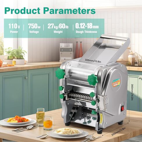 Newhai Commercial Electric Pasta Maker 2-in-1 Automatic Noodle Machine Thickness Adjustable 2mm 6mm Noodle Heavy Duty Dough Roller Pressing Machine, 750W in Kuwait