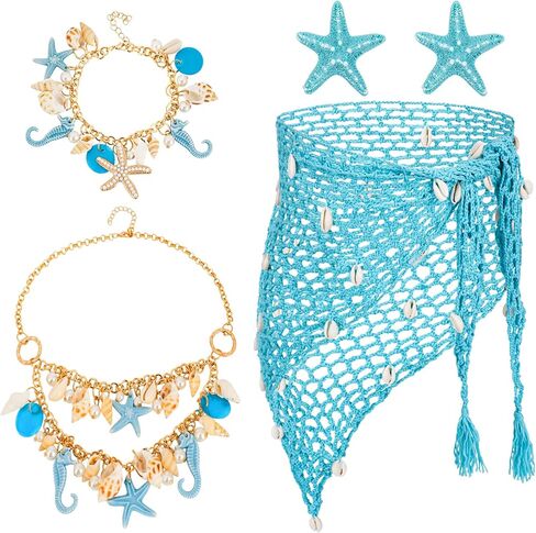 XEPST Mermaid Costume for Women - 5PCS Siren Costume Mermaid Accessories Set With Mermaid Sarong Crochet Skirt Cover Up Starfish Hair Clips Shell Jewelry for Halloween Costumes Cosplay Fancy Dress Up in Saudi Arabia