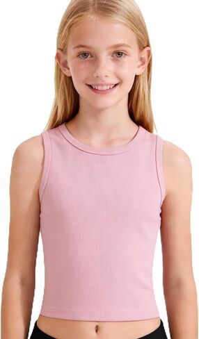 Girls Crop Tank Tops Ribbed Knit Undershirts Crew Neck Dance Top Kids Sleeveless Sports Shirts for Gym Yoga in Saudi Arabia