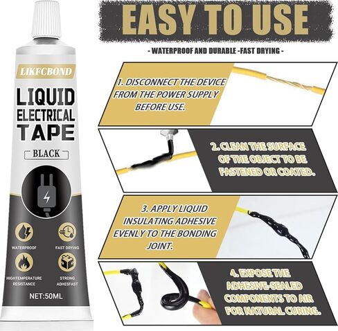 شريط كهربائي سائل أسود، 100 مل غراء كهربائي سائل، شريط لاصق عازل مقاوم للماء ومقاوم للحرارة للأسلاك والكابلات والبحرية والمعدات (1.69 أونصة * 2) in Kuwait