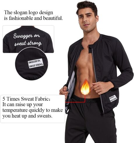 Sauna Suit for Men Silver Coated Logo Zipper Sweat Shirt Thermal Workout Sweat-Inducing Sauna Coat Sweat Sauna Black in Saudi Arabia