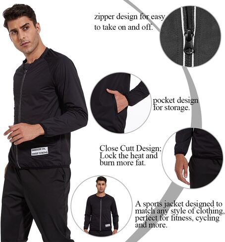 Sauna Suit for Men Silver Coated Logo Zipper Sweat Shirt Thermal Workout Sweat-Inducing Sauna Coat Sweat Sauna Black in Saudi Arabia