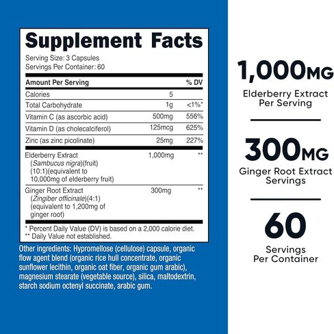 مستخلص جذور نبات البلسان والزنجبيل من نوتريكوست (1300 مجم) مع فيتامين ج (500 مجم)، زنك (25 مجم) وفيتامين د (125 مجم) 180 كبسولة - مكمل نباتي صديق للبيئة، خالي من الكائنات المعدلة وراثيًا، خالي من الغلوتين، 60 حصة in Kuwait