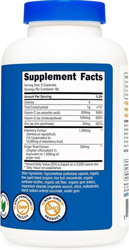 مستخلص جذور نبات البلسان والزنجبيل من نوتريكوست (1300 مجم) مع فيتامين ج (500 مجم)، زنك (25 مجم) وفيتامين د (125 مجم) 180 كبسولة - مكمل نباتي صديق للبيئة، خالي من الكائنات المعدلة وراثيًا، خالي من الغلوتين، 60 حصة in Kuwait