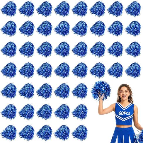 60 Pcs Blue Cheerleading Pom Poms, Metallic Foil with Plastic Baton Handles for Cheering Squad Sports Party Dance Performance in Saudi Arabia