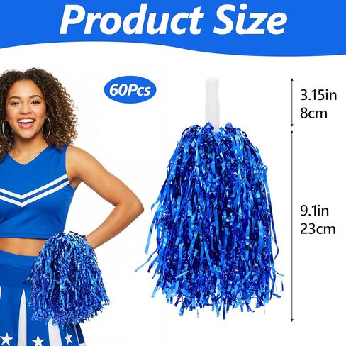 60 Pcs Blue Cheerleading Pom Poms, Metallic Foil with Plastic Baton Handles for Cheering Squad Sports Party Dance Performance in Saudi Arabia
