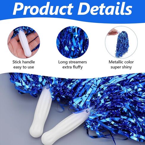 60 Pcs Blue Cheerleading Pom Poms, Metallic Foil with Plastic Baton Handles for Cheering Squad Sports Party Dance Performance in Saudi Arabia